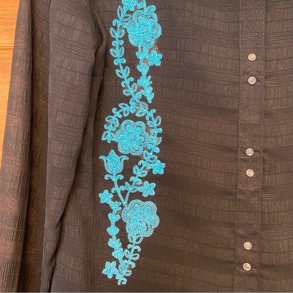 Roper Y2K blue embroidered sheer black pearl snap front western shirt - Picture 3 of 8